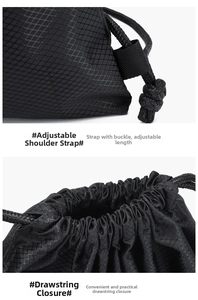 Detail of ripstop fabric and adjustable thick woven shoulder straps on a drawstring bag