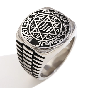 Silver stainless steel ring with hexagram symbol and mystic runes on a wide band