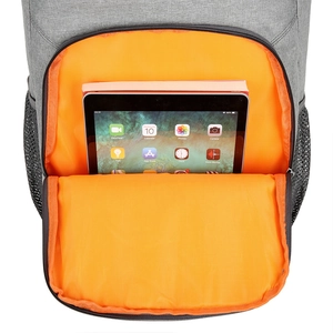 Insulated outdoor backpack in grey Oxford fabric with vibrant orange lining and mesh pockets