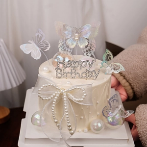Rhinestone Happy Birthday Cake Topper Alloy Number Inserts Hollow Iridescent Butterfly Ribbon Decorations For Birthday Party Women Event Jewelry