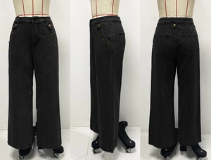Three-view detail of high-waisted black wide-leg jeans with button fly and denim texture