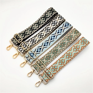 Ethnic style woven shoulder straps in five geometric patterns with gold metal buckles