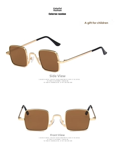 Dual-view details of retro metal square kids sunglasses with brown lenses and gold frame