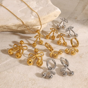 Stainless steel cherry necklace and stud earrings set with zircon stones in gold and silver