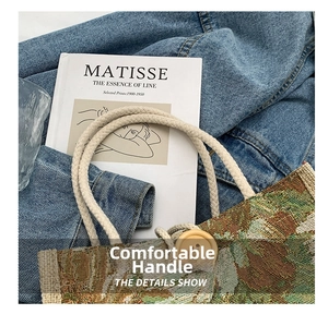 Detail showing the comfortable woven rope handle and natural texture of the linen tote bag