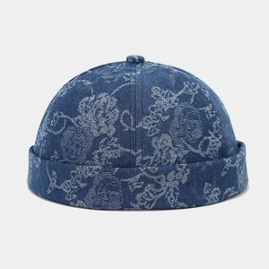 Retro washed denim docker hat in dark blue with vintage white floral print pattern