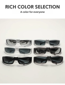 Matrix display of Y2K tech-style sunglasses in silver, white, and grey color options