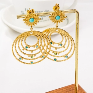 Bohemian 14K gold plated earrings with sun motif turquoise stone and concentric rings