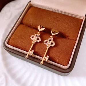 Exquisite 18k gold plated heart key dangle earrings with sparkling zircon inlay