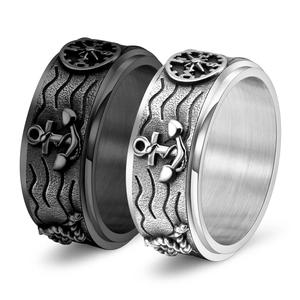 Nautical punk rotatable rings with anchor and compass motifs in silver and black finish