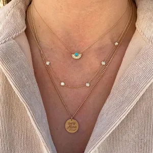 Three-layer S925 silver necklace set with turquoise fan pendant and loving Mama gold coin