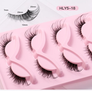 Detailed size measurement of HLY5-18 cat eye false eyelashes on a pink tray display