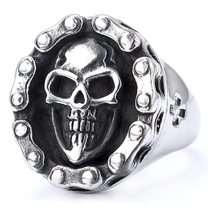 Gothic punk men's skull ring featuring a bicycle chain border and cross detail in silver finish