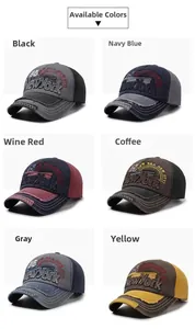 Detail view of washed vintage cotton baseball caps with 3D New York embroidery in six colors
