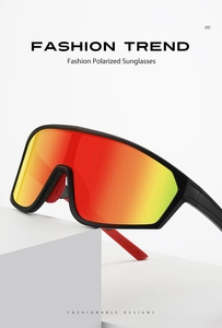 Detail of polarized oversized sports sunglasses with red orange gradient mirror lenses