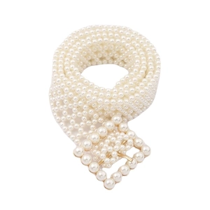 Elegant woven faux pearl belt with a rectangular pearl buckle for women's dresses