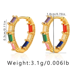 Detail showing dimensions of gold oval earrings with rainbow baguette crystals