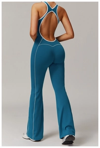 Dunkelblauer rückenfreier Yoga-Jumpsuit mit weißer Paspelierung und ausgestelltem Saum
