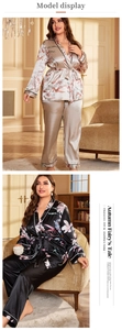 Detail of floral satin plus size bathrobe with contrast piping and waist tie closure