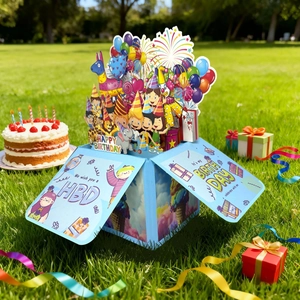 3D butterfly popup birthday card box with balloons and fireworks on green grass