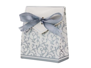European style gift box with light blue floral patterns and a blue satin ribbon bow