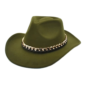 Detail of olive green fedora hat featuring bold gold metal chain and leather strap