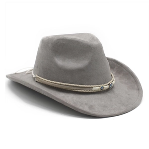 Detail of grey suede cowboy hat featuring woven band and blue evil eye beads ornament