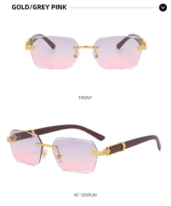 Detail of rimless square sunglasses with wood grain temples and gold metal bridge