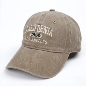 Detailed view of the California 1850 embroidery on washed cotton vintage baseball cap