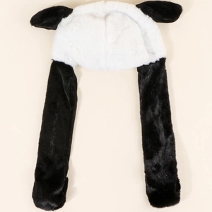Cute panda plush hat with moving ears, fluffy black and white faux fur winter accessory