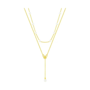 Close-up of double-layer gold necklace with butterfly pendant and white pearls