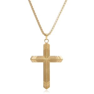 Vintage gold stainless steel cross necklace with striped texture on a polished chain