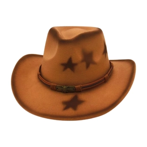Retro Western Cowboy Hat Woolen Felt Star Printed Wide Brim With Skull Buckle Braided Band For Men Women Performance