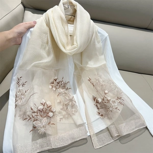Elegant beige sheer scarf with brown floral embroidery and glitter trim for women
