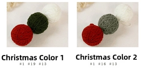 Detailed view of handmade Christmas yarn balls in festive red, green, and cream colors