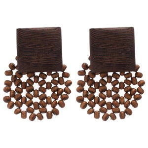Bohemian geometric wooden earrings with dark brown square stud and circular beaded cluster