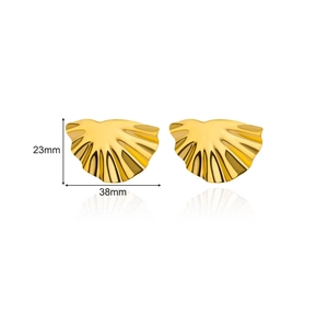 Detailed view of gold pleated fan shell earrings with 38mm width and 23mm height measurements