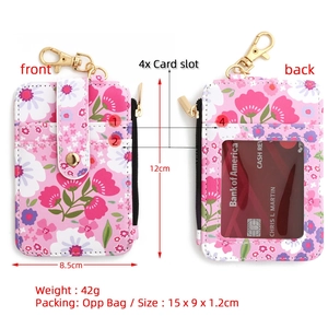 Floral PU leather card holder with 4 card slots, zipper pocket, and gold clip for women