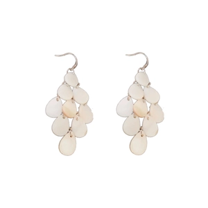 Elegant tiered teardrop shell tassel earrings in ivory white with layered hook design