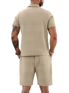 Back view of khaki waffle knit polo shirt and shorts set showing rich fabric texture