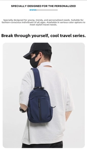 Detail of navy blue oxford fabric chest bag for men showing zipper pockets and wide strap