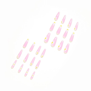 Pink pastoral long coffin press-on nails set with white daisy floral patterns