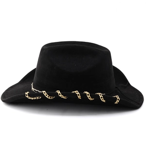 Detail of black suede cowboy hat featuring a bold gold metal chain band accessory