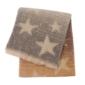 Close-up of soft gradient scarf with star patterns in grey, beige and brown tones