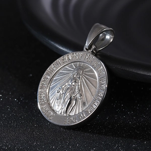 Classic silver stainless steel Virgin Mary medallion necklace with religious engraving
