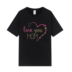T-shirt femme en coton pour la fête des mères avec imprimé cœur I love you MOM en noir