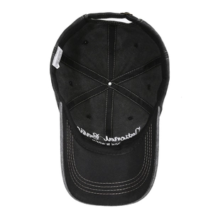 Inside view of vintage washed charcoal baseball cap with 100% cotton stitching and embroidery