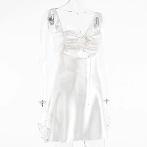 Elegant white silk mini dress with drawstring cutout details and wide straps on mannequin