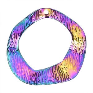 Detailed view of iridescent rainbow geometric pendant with unique textured finish