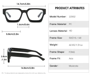 Detailed size chart for square glasses 22902 showing frame dimensions and PC material specs